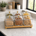 60 Pieces Glass Food Storage Jar Set with Lids, Gold-Tone Knobs and Wooden Stand, Clear Square Design