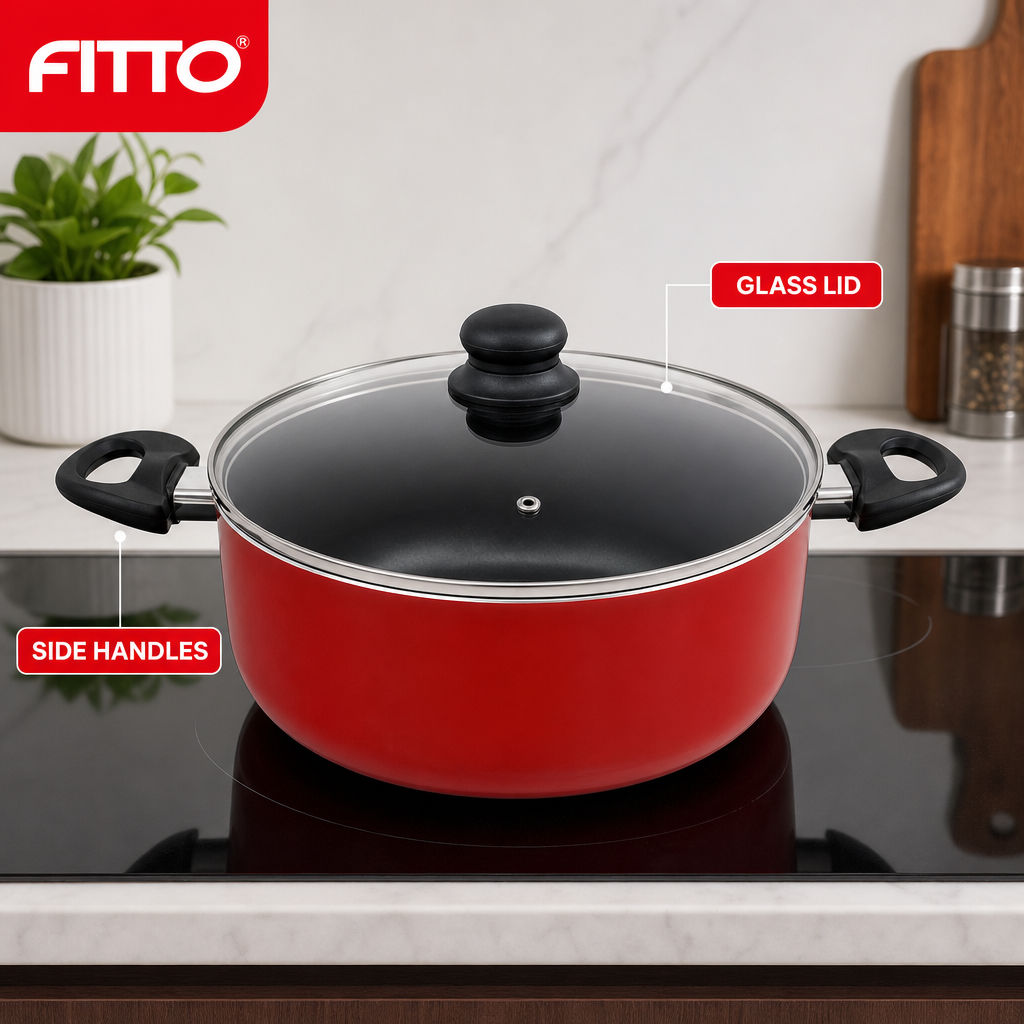 48 Pieces 30 cm Aluminium Non-Stick Saucepot with Glass Lid and Side Handles, Red