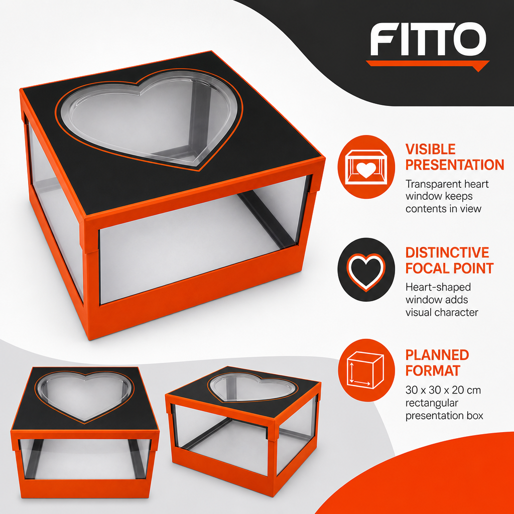 48 Pieces Acrylic Presentation Box, Orange and Black, Transparent Heart Window, 30 x 30 x 20 cm, 1 Piece