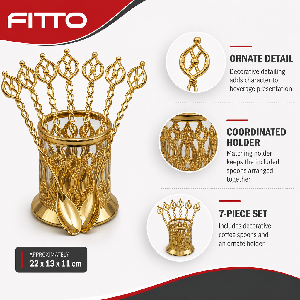96 Pieces Gold-Tone Decorative Coffee Spoon Set with Ornate Holder, 7 Pieces