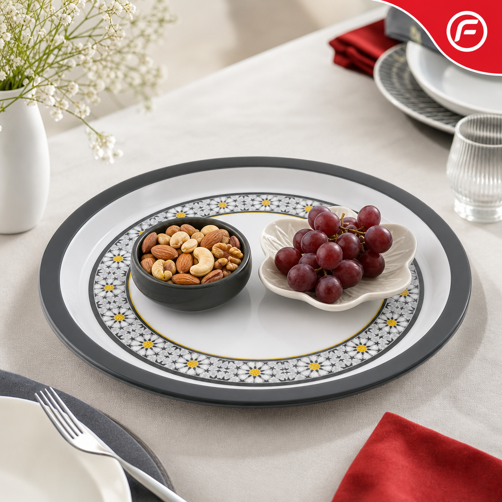 72 Pieces Round Melamine Woven Serving Trays, 55 cm, White with Floral Pattern