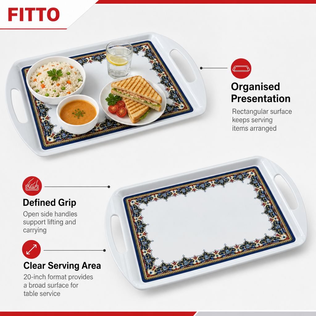 72 Pieces Melamine Rectangular Serving Trays with Handles, 20 Inch, Decorative Border