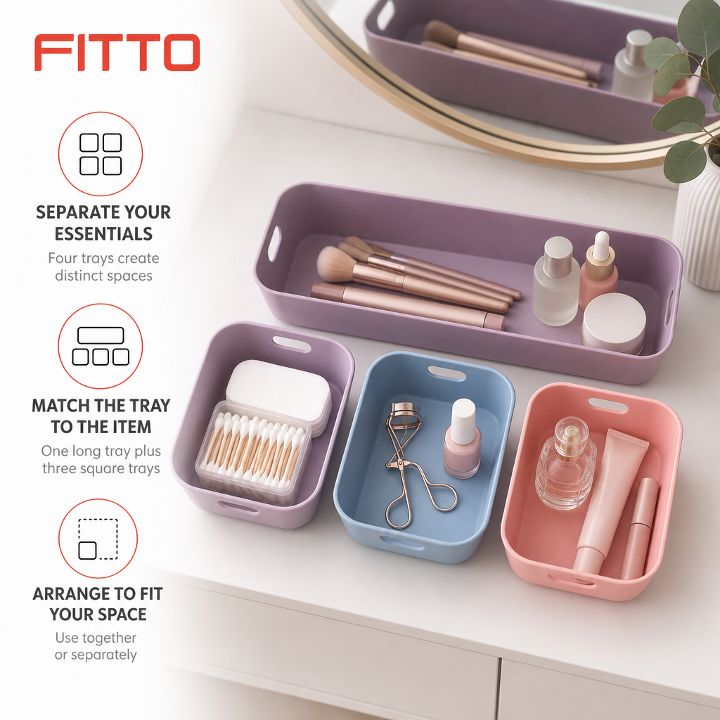 120 Pieces Cosmetic Organizers Tray Set, 4-Piece Mixed Colour Makeup Storage Trays, Long Tray With Three Square Trays