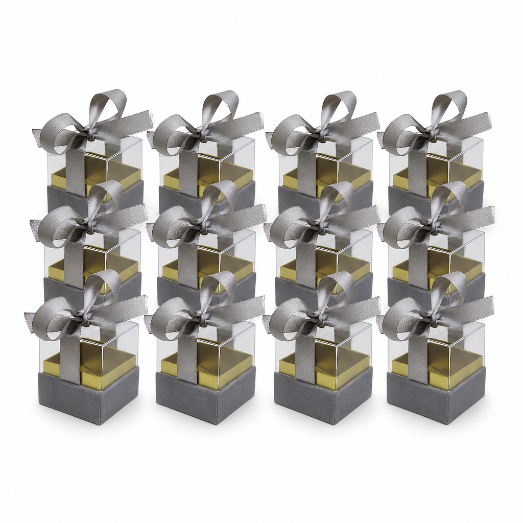60 Pieces Silver Square Acrylic Boxes with Ribbon, 6.5 x 6.5 x 7.2 cm, 12 Pieces