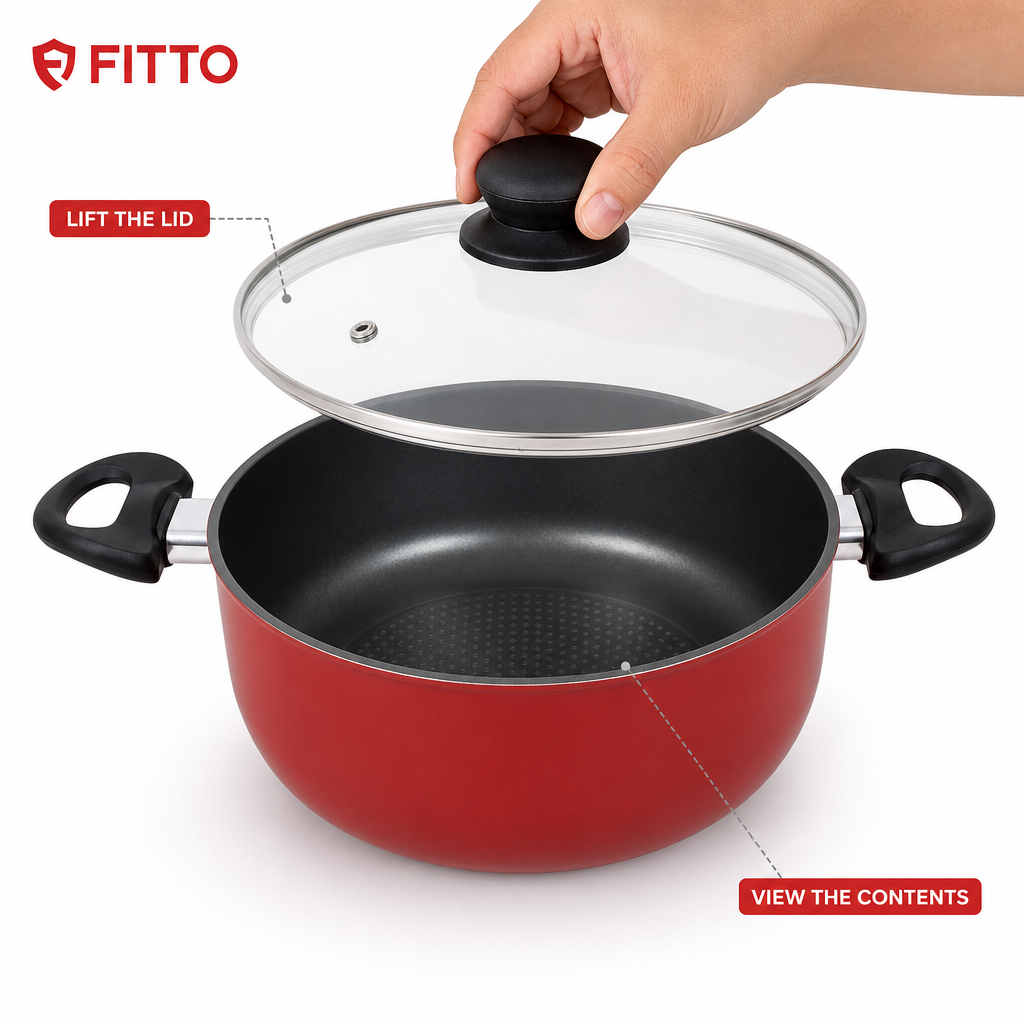 48 Pieces 26 cm Aluminium Non-Stick Saucepot with Glass Lid and Dual Side Handles, Red
