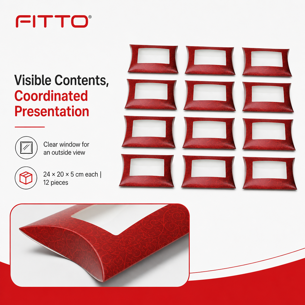 72 Pieces Red Pillow Boxes with Clear Window, 24 × 20 × 5 cm, 12 Pieces