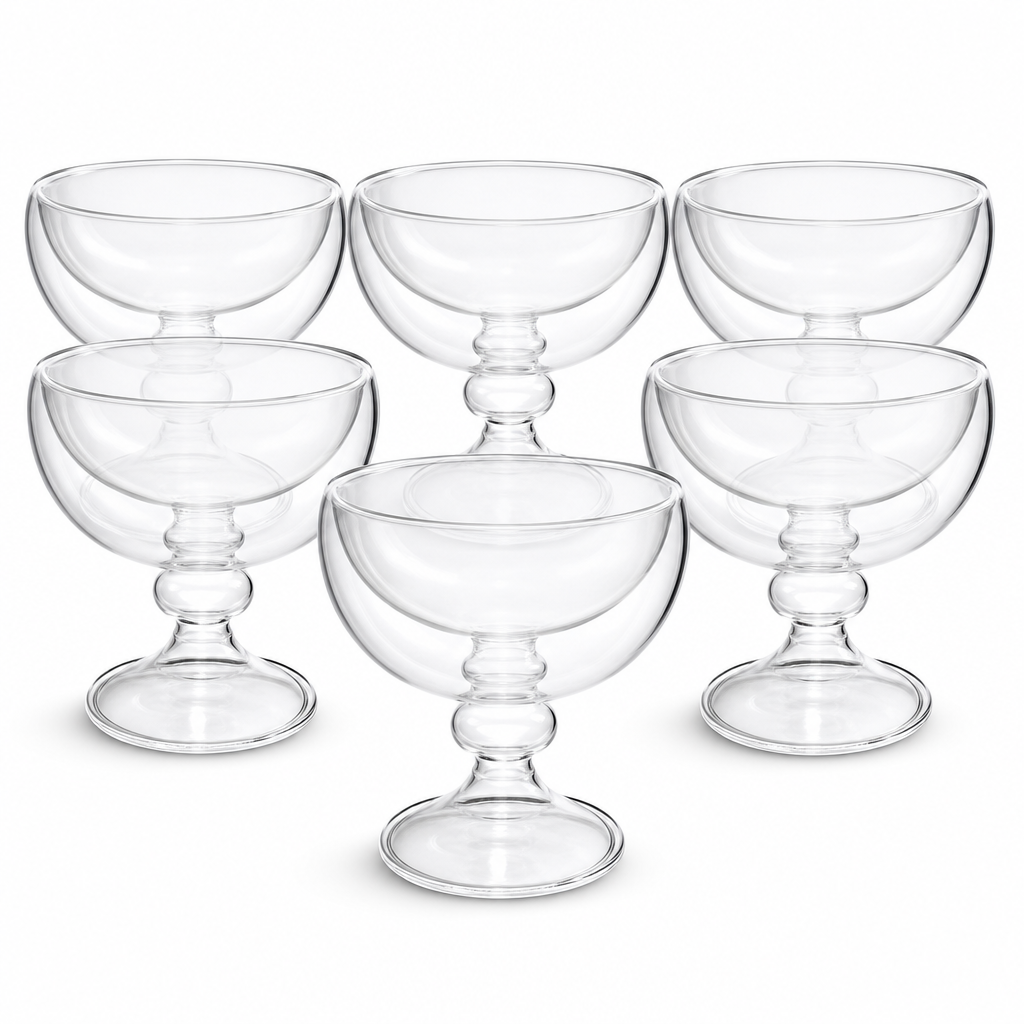 60 Pieces Double-Wall Glass Dessert Cup Set, Clear Stemmed Dessert Bowls, 6 Pieces