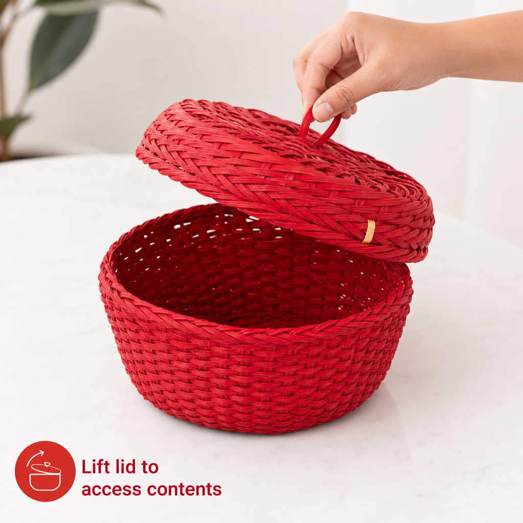 96 Pieces Round Woven Storage Box with Lid, Red, 18 x 18 x 12 cm