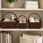 60 Pieces Rectangular Storage Basket Sets, Brown Rattan-Style Baskets with Carry Handles, 14 in, 12 in and 10 in, 3 Pieces