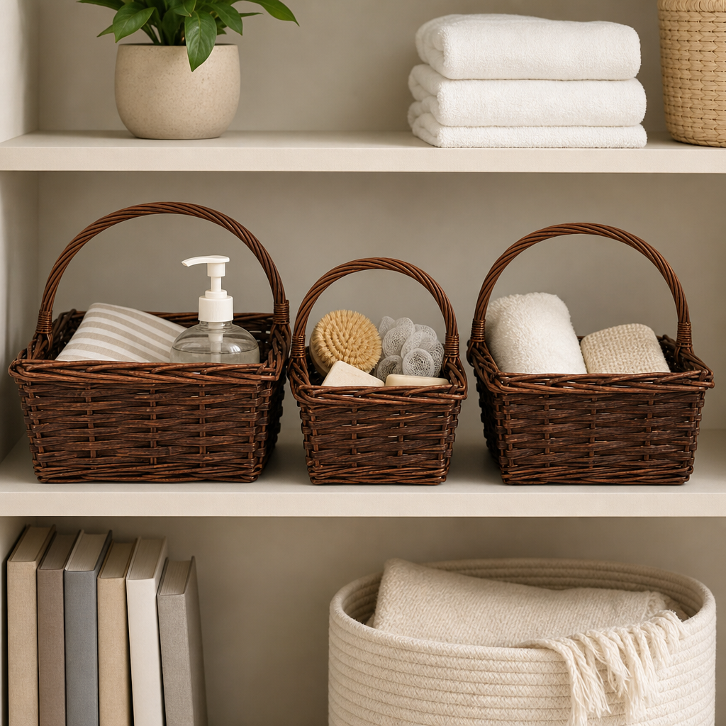 60 Pieces Rectangular Storage Basket Sets, Brown Rattan-Style Baskets with Carry Handles, 14 in, 12 in and 10 in, 3 Pieces