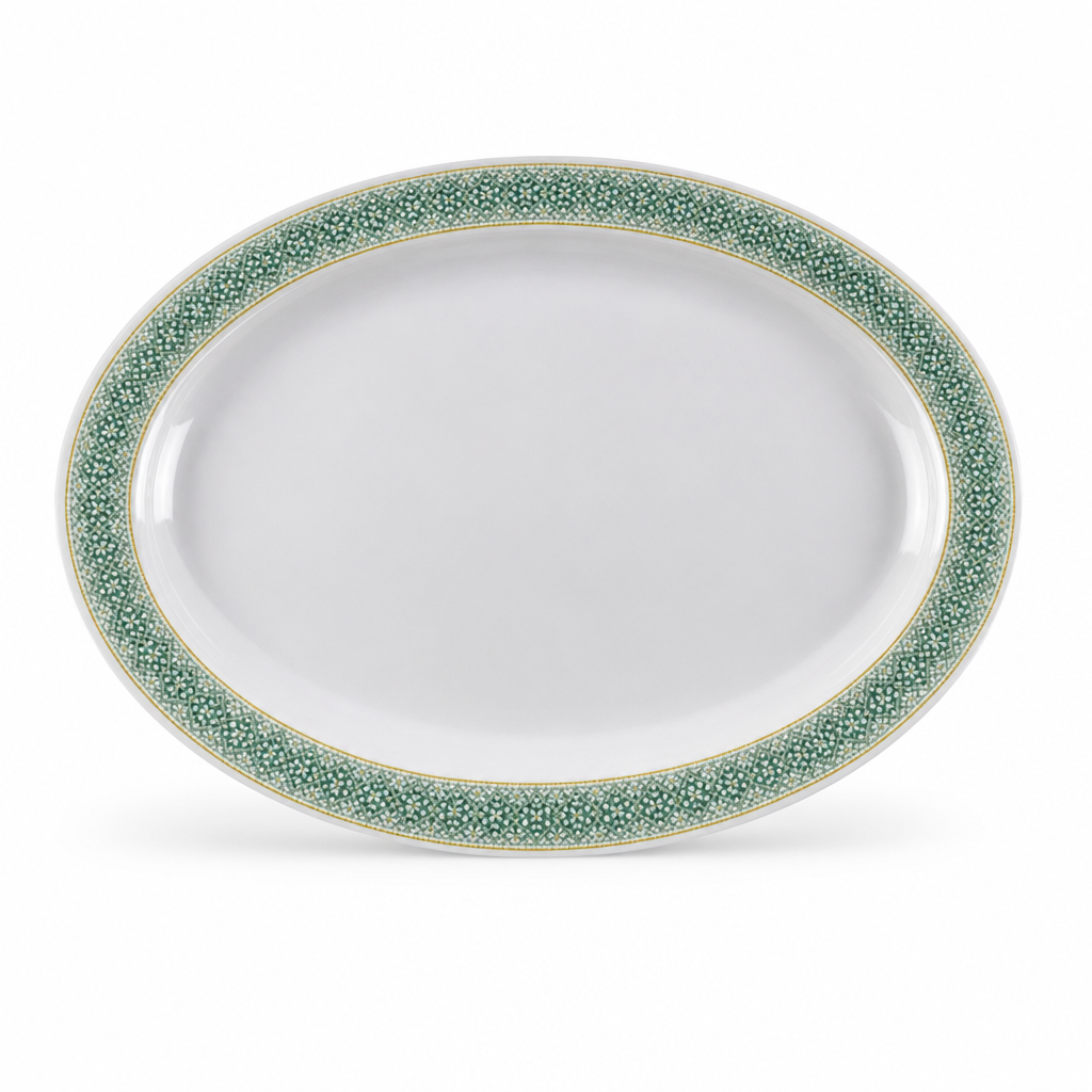 96 Pieces Melamine Wavy Oval Serving Plate, 17 Inch, White with Green and Yellow Pattern