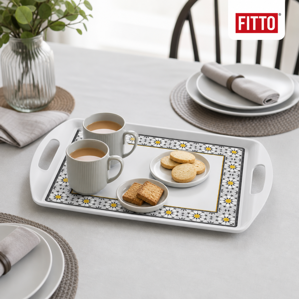 96 Pieces Rectangular Serving Trays with Dual Handles, 18 Inch, White and Grey with Yellow Accents