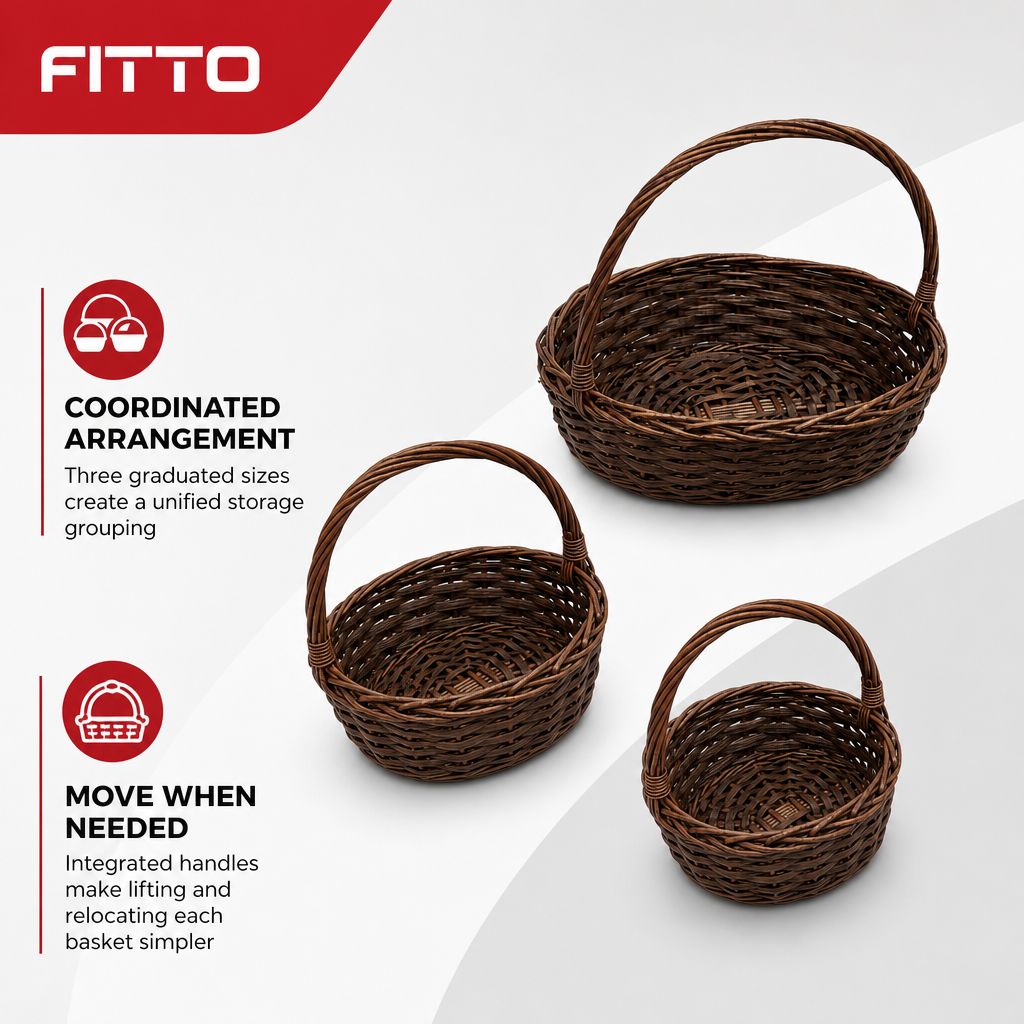 60 Pieces Brown Oval Woven Storage Basket Set with Carry Handles, 13 in, 11 in and 9 in, 3 Pieces