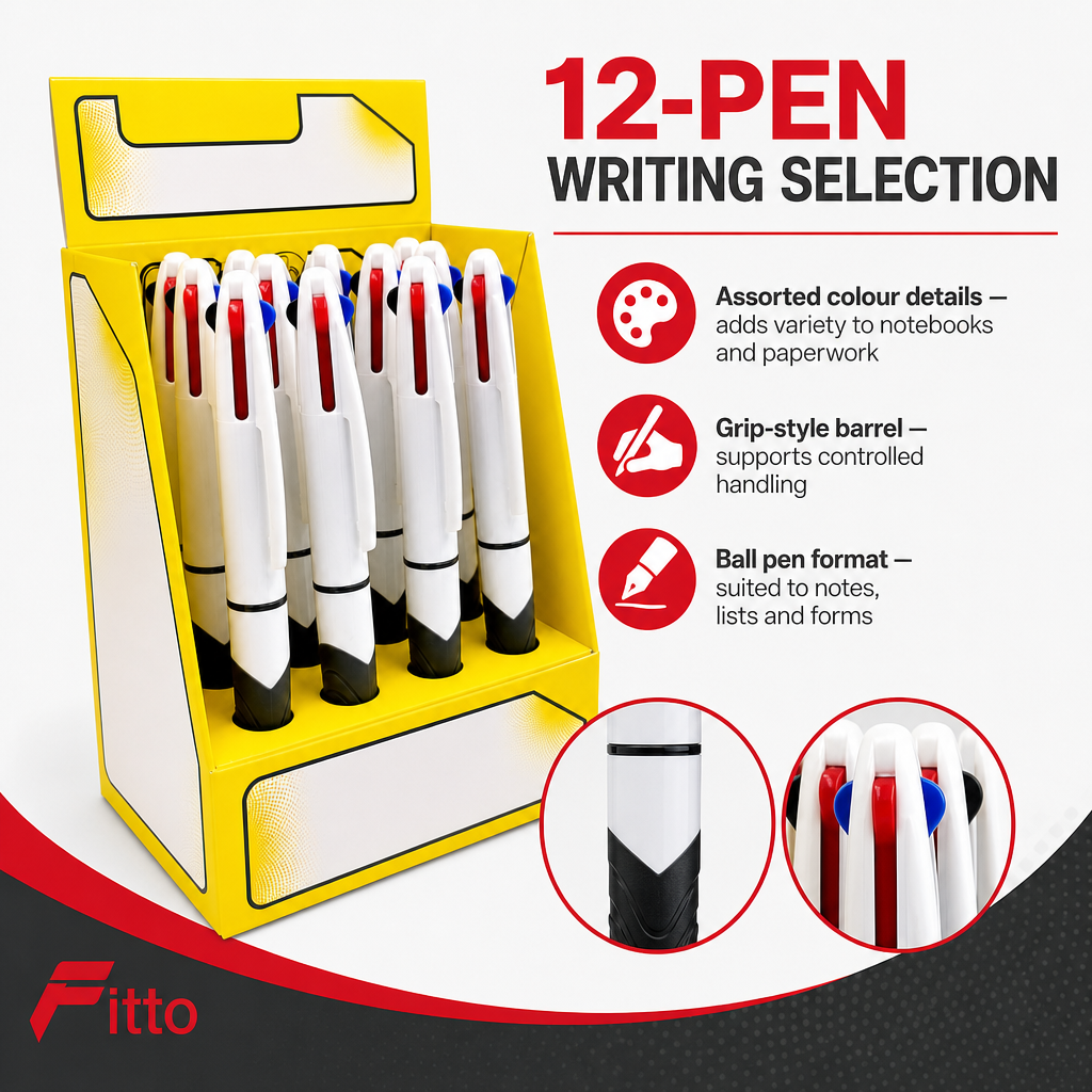 96 Pieces Ball Pens, Grip Design, Assorted Colours, 12 Pack