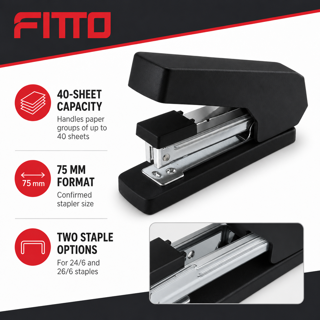96 Pieces Black Heavy-Duty Staplers, 75 mm, 40-Sheet Capacity, Compatible with 24/6 and 26/6 Staples, 1 Piece