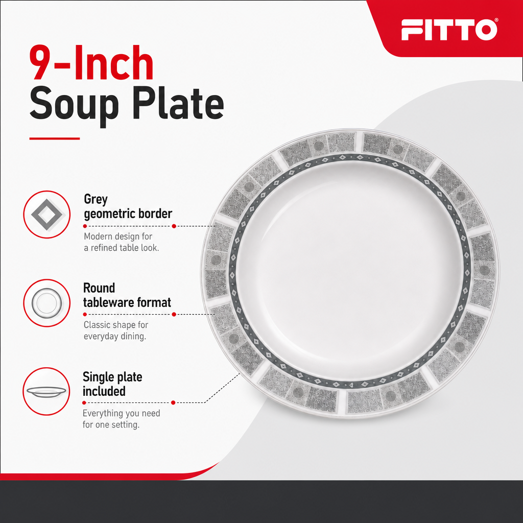 120 Pieces Soup Plate, 9 Inch, Grey With Geometric Border, Round Tablewares Dish