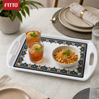 60 Pieces Melamine Rectangular Serving Trays with Handles, 24 Inch, White Decorative Border, 61.5 x 42 cm