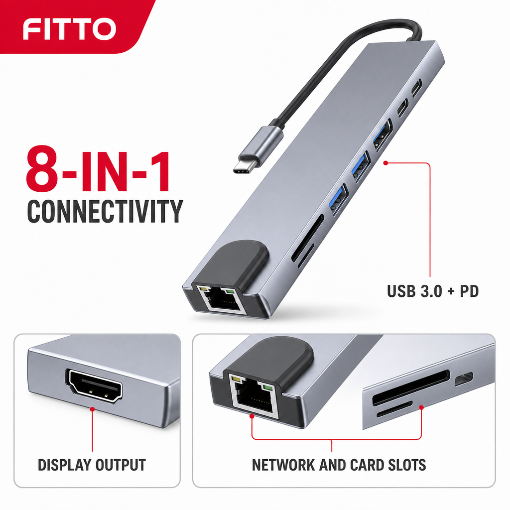 72 Pieces USB-C 8-in-1 Hub with HDTV Output, RJ45, TF/SD Card Slots, USB 3.0 and PD, 4K UHD