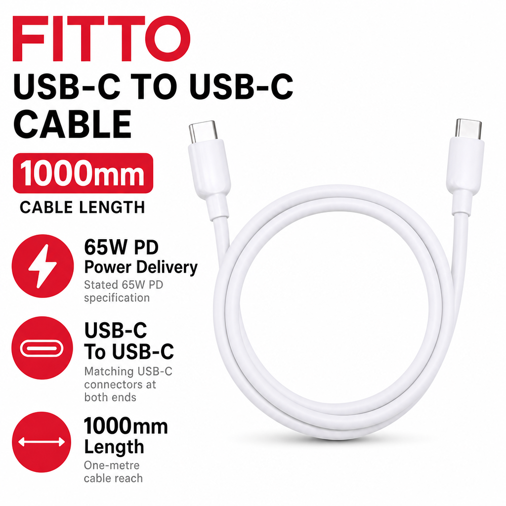 96 Pieces USB-C to USB-C Charging Cables, 65W PD, 1000mm, White