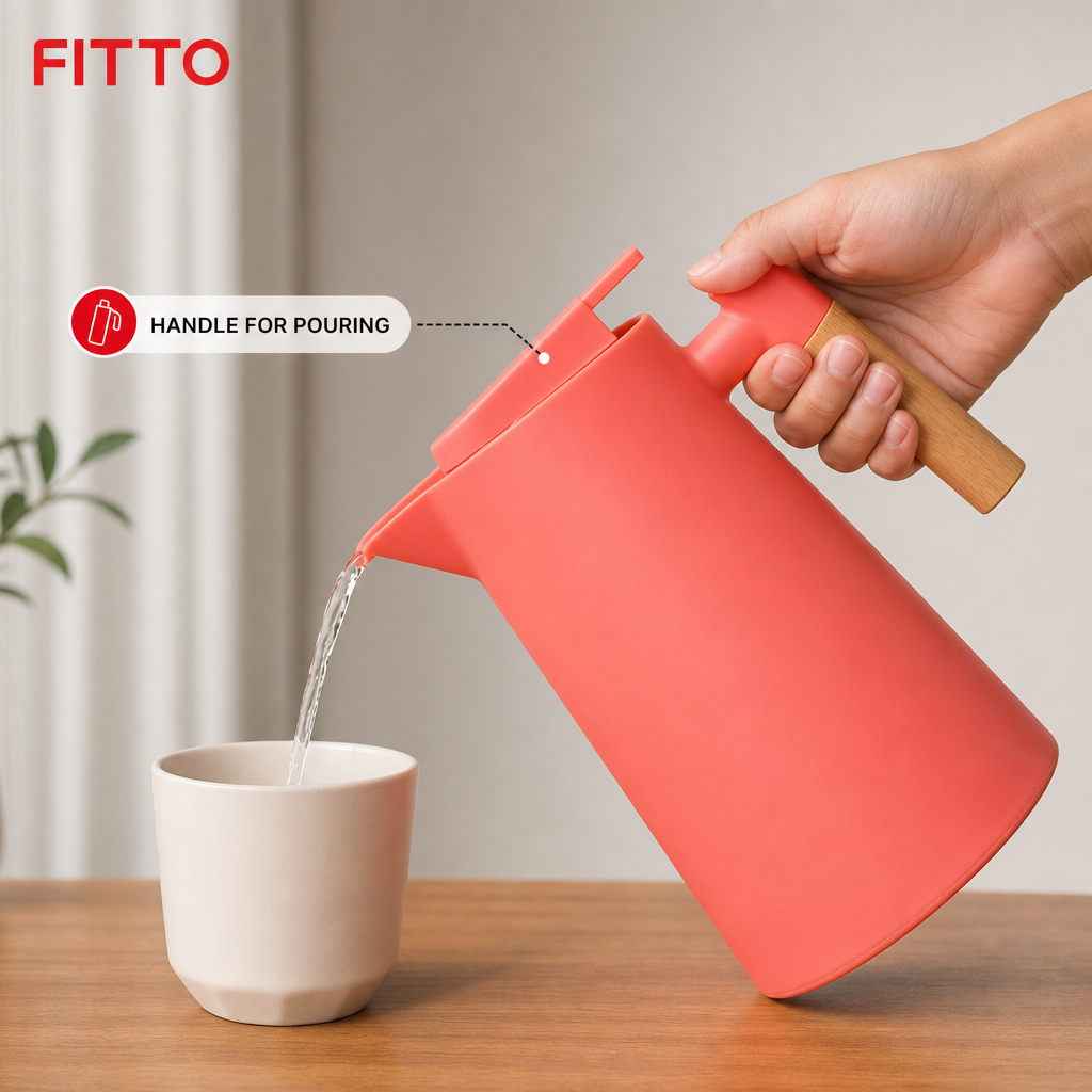 72 Pieces Plastic Vacuum Flask with Glass Refill, 1 Litre, Coral with Wood-Effect Handle