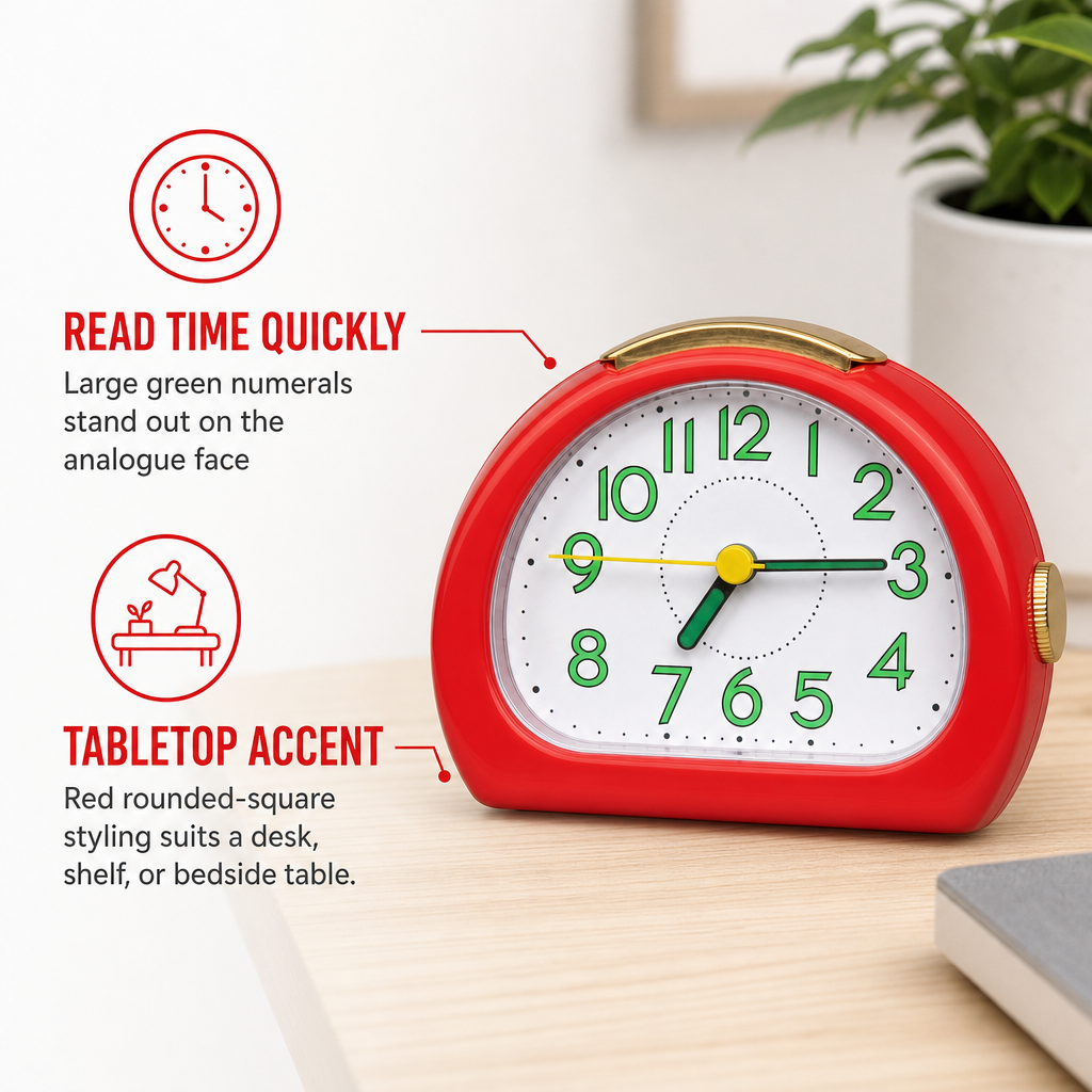 96 Pieces Red Square Quartz Alarm Clocks with Large Green Numbers, Rounded Design for Bedroom or Desk