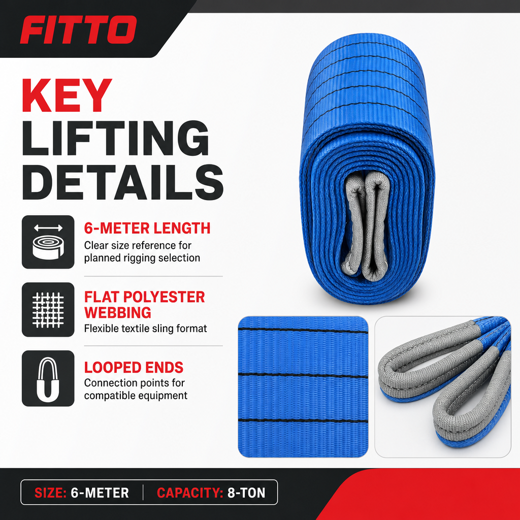 48 Pieces Heavy-Duty Polyester Flat Lift Sling Strap, 8 Ton Capacity, 6 Meter, Blue, 1 Piece