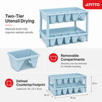 72 Pieces Utensil Drying Rack, Light Blue Two-Tier Plastic Dish Drainer with Removable Compartments, 45 x 32 x 18 cm