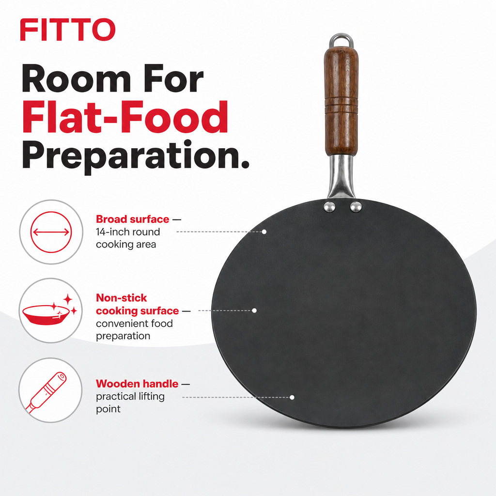 72 Pieces Non-Stick Tawa Pan with Wooden Handle, 14 Inch Round Black Griddle