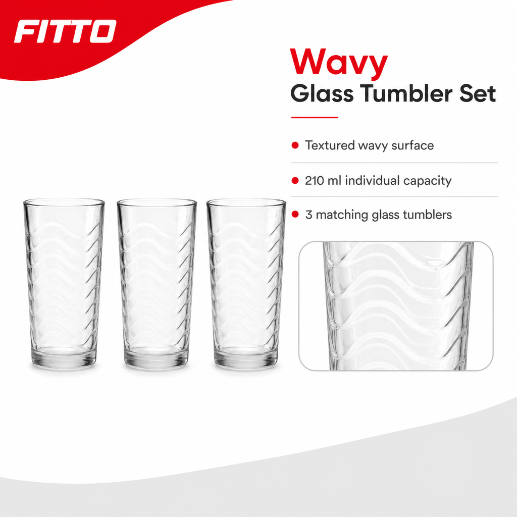 96 Pieces Wavy Glass Tumbler Set, 210 ml, 3 Pieces