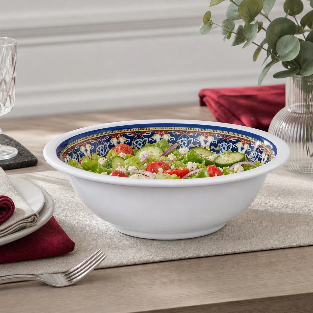 96 Pieces Melamine Salad Bowl, 9 Inch, White with Decorative Multicolor Rim, Design 2655