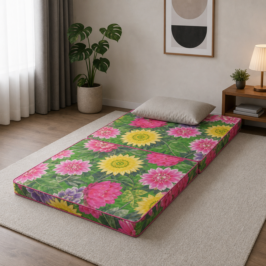 48 Pieces Folding Foam Mattresses, 3-Fold Design, 10 cm Thick, Floral Cover, 90 x 63 x 30 cm