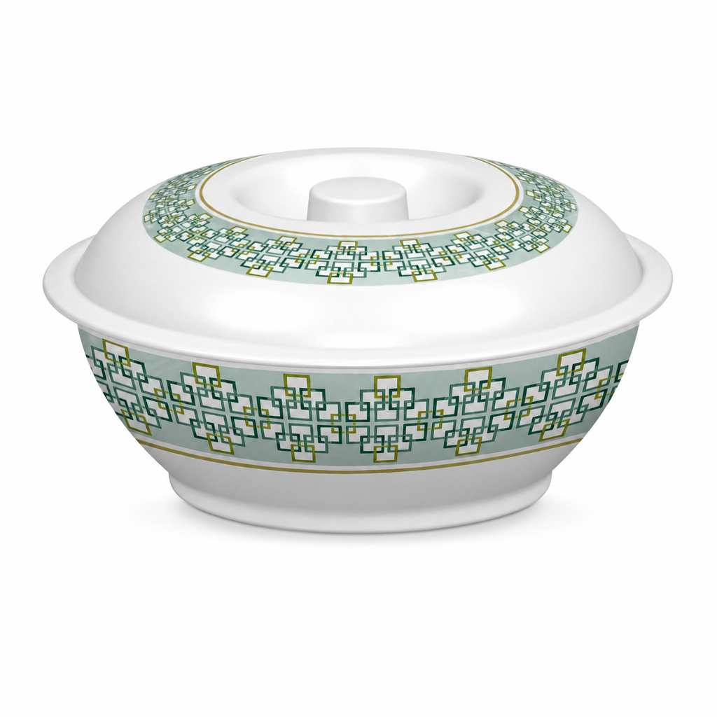 96 Pieces Lidded Serving Bowl, 8 Inch, White With Green Geometric Design