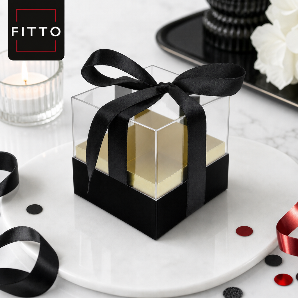 120 Pieces Acrylic Square Box with Ribbon, Black, 9.5 × 9.5 × 9 cm, 1 Piece