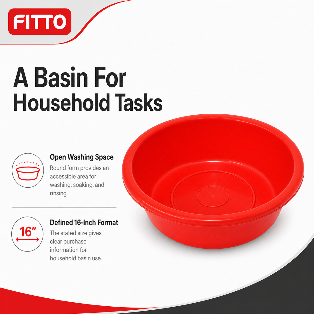96 Pieces Red Plastic Round Wash Basin, 16 Inch, 1 Piece