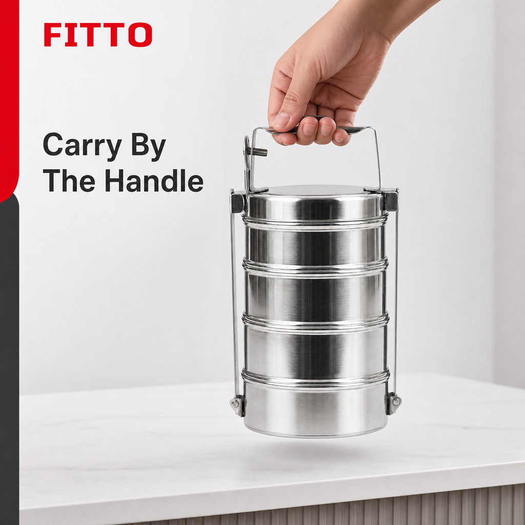 96 Pieces Four-Tier Stainless Steel Tiffin Lunch Box with Carry Handle, Silver Food Storage Containers