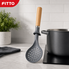 96 Pieces Self-Standing Skimmer with Wooden Handle, Perforated Kitchen Utensil, Gray Head, 31 cm