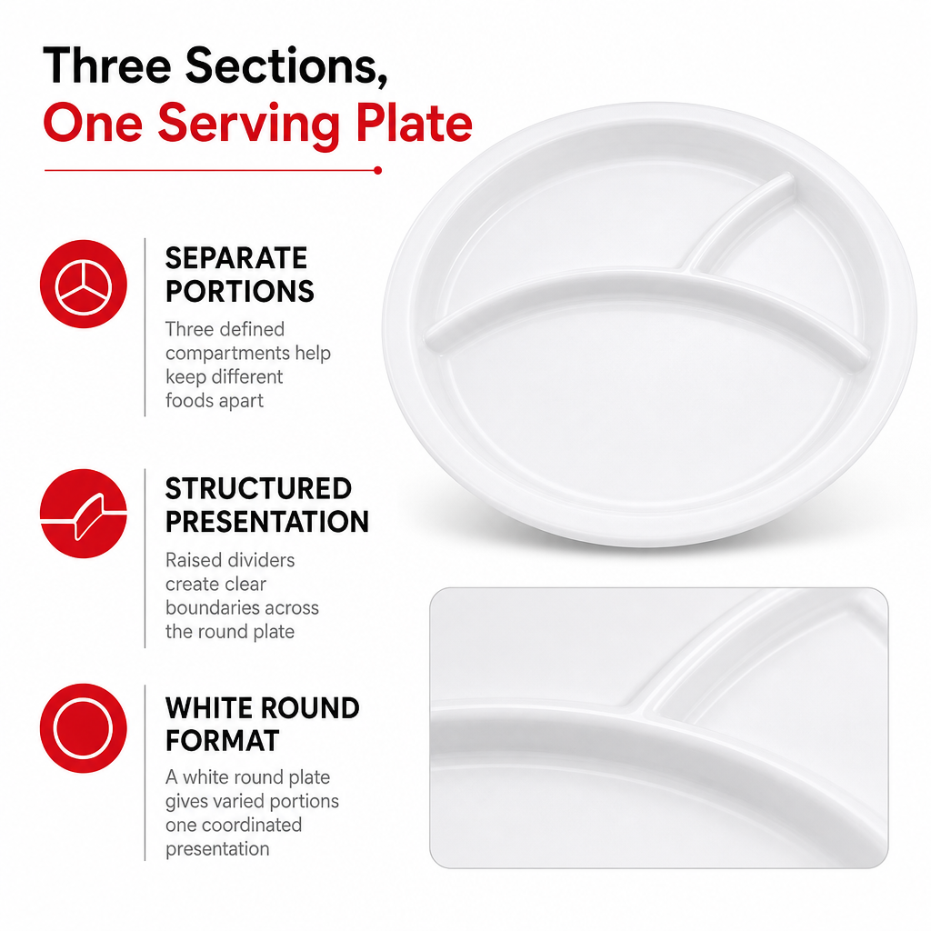 96 Pieces White Round Divided Serving Plate with 3 Compartments, 28 cm, 1 Piece
