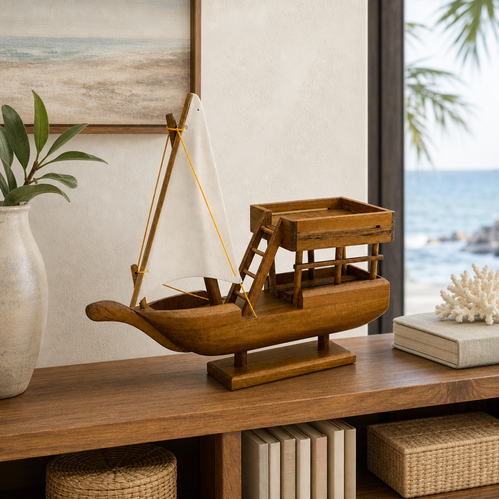 60 Pieces Decorative Wooden Dhow Boat Model with Sail, Tabletop Nautical Ornament, 30 cm