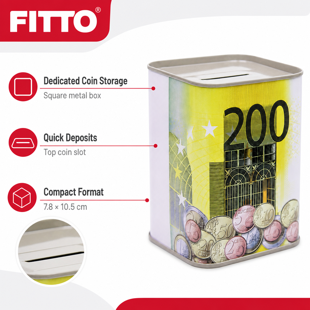 240 Pieces Metal Coin Saving Box, Square Euro-Themed Money Bank with Top Slot, 7.8 × 10.5 cm
