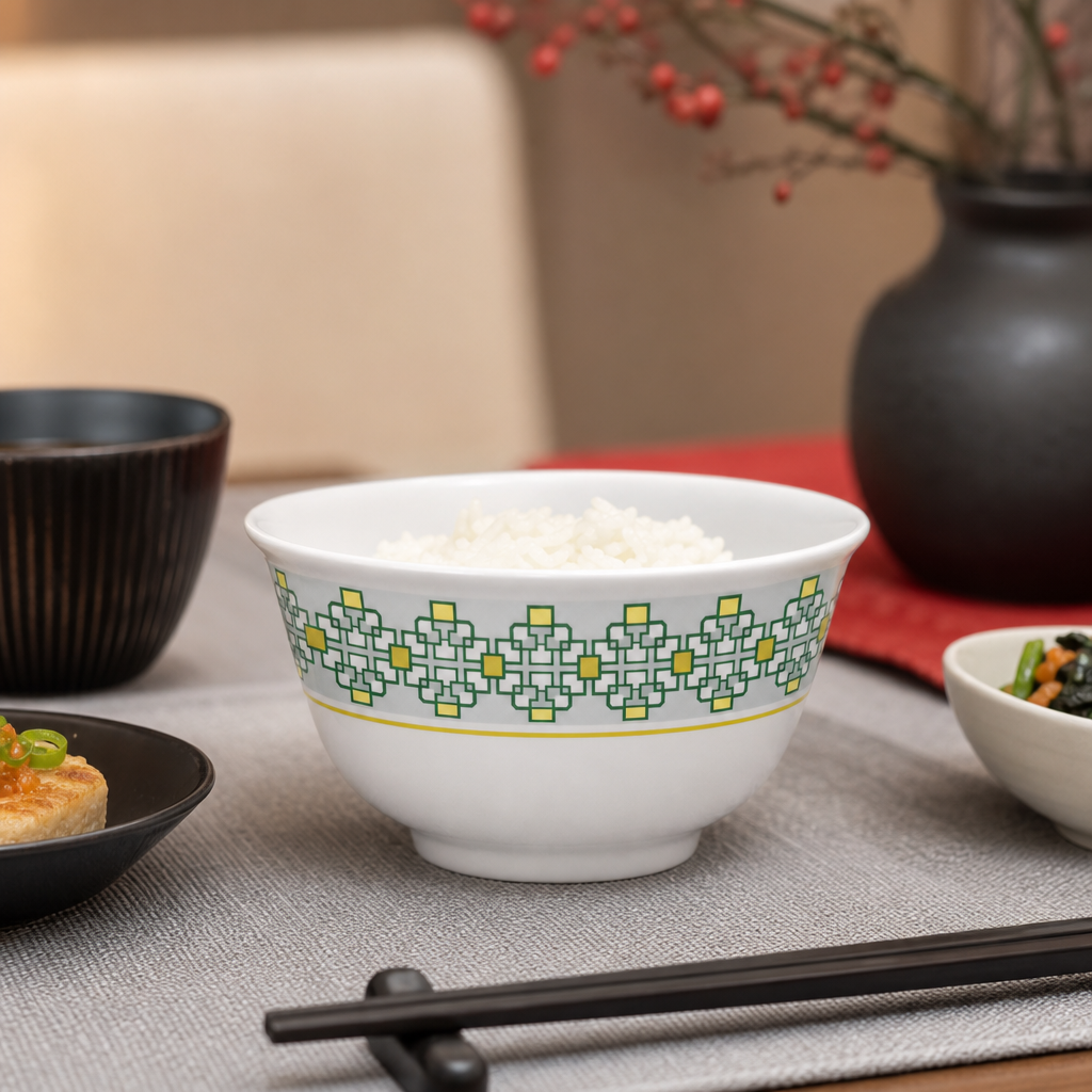 144 Pieces Melamine Rice Bowl, 4 Inch, White with Green and Yellow Geometric Pattern