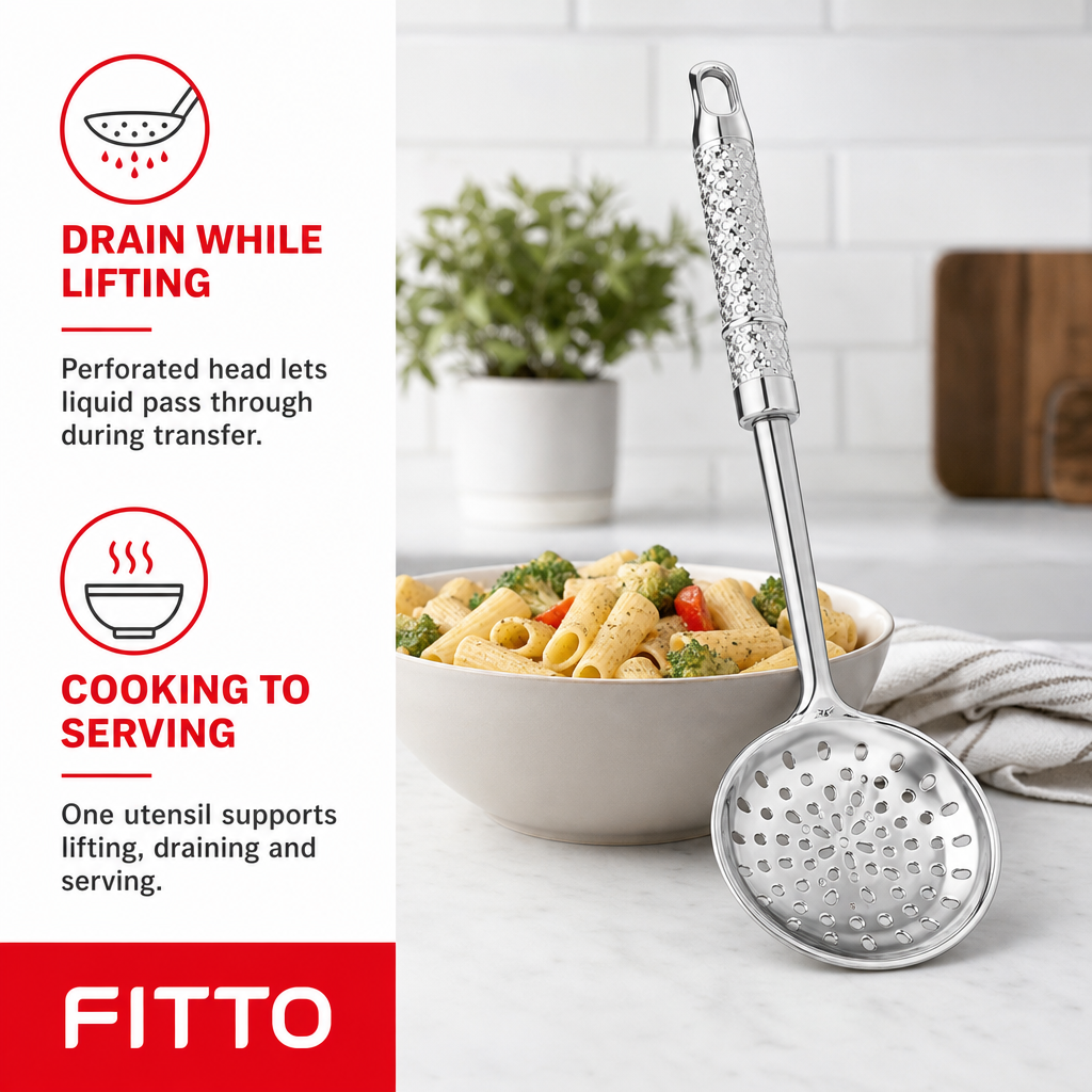 120 Pieces Silver Stainless Steel Skimmer Spoon, Perforated Kitchen Strainers, 35 x 8 cm, 1 Piece