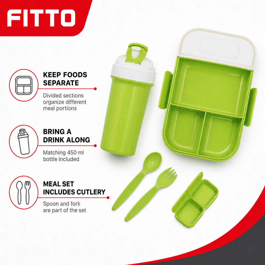 96 Pieces Assorted Colour Rectangular Plastic Lunch Box Set with 450 ml Bottle and Cutlery, 1 Set