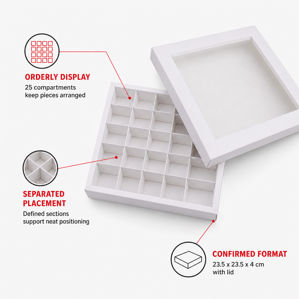 120 Pieces Chocolate Box with 25 Compartments, White Square Confectionery Box, 23.5 x 23.5 x 4 cm