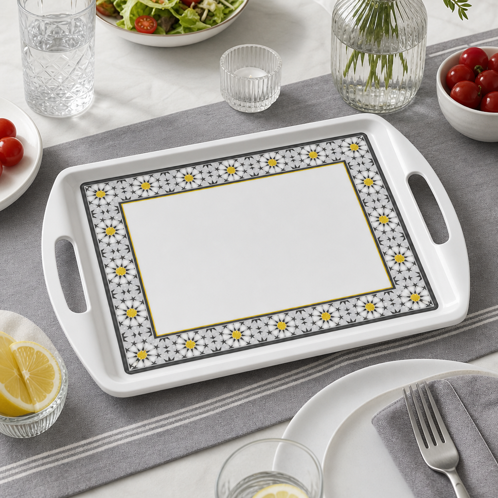 72 Pieces Rectangular Serving Trays with Dual Handles, 22 Inch, White Grey with Yellow Accents