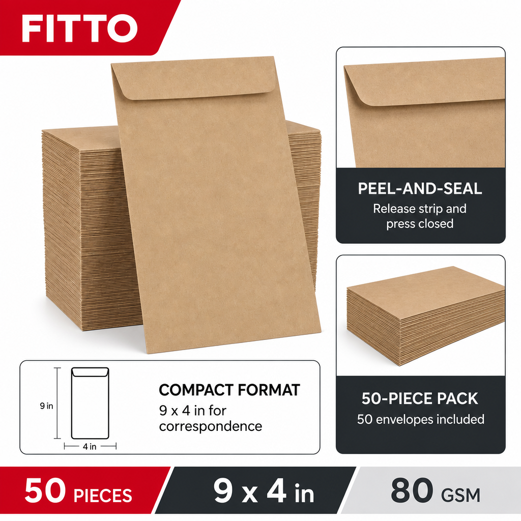 144 Pieces Brown Peel-and-Seal Envelopes, 9 x 4 in, 80 gsm, Pack of 50