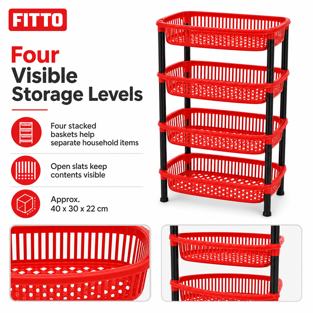72 Pieces 4-Tier Plastic Storage Basket Rack, Red, 40 x 30 x 22 cm