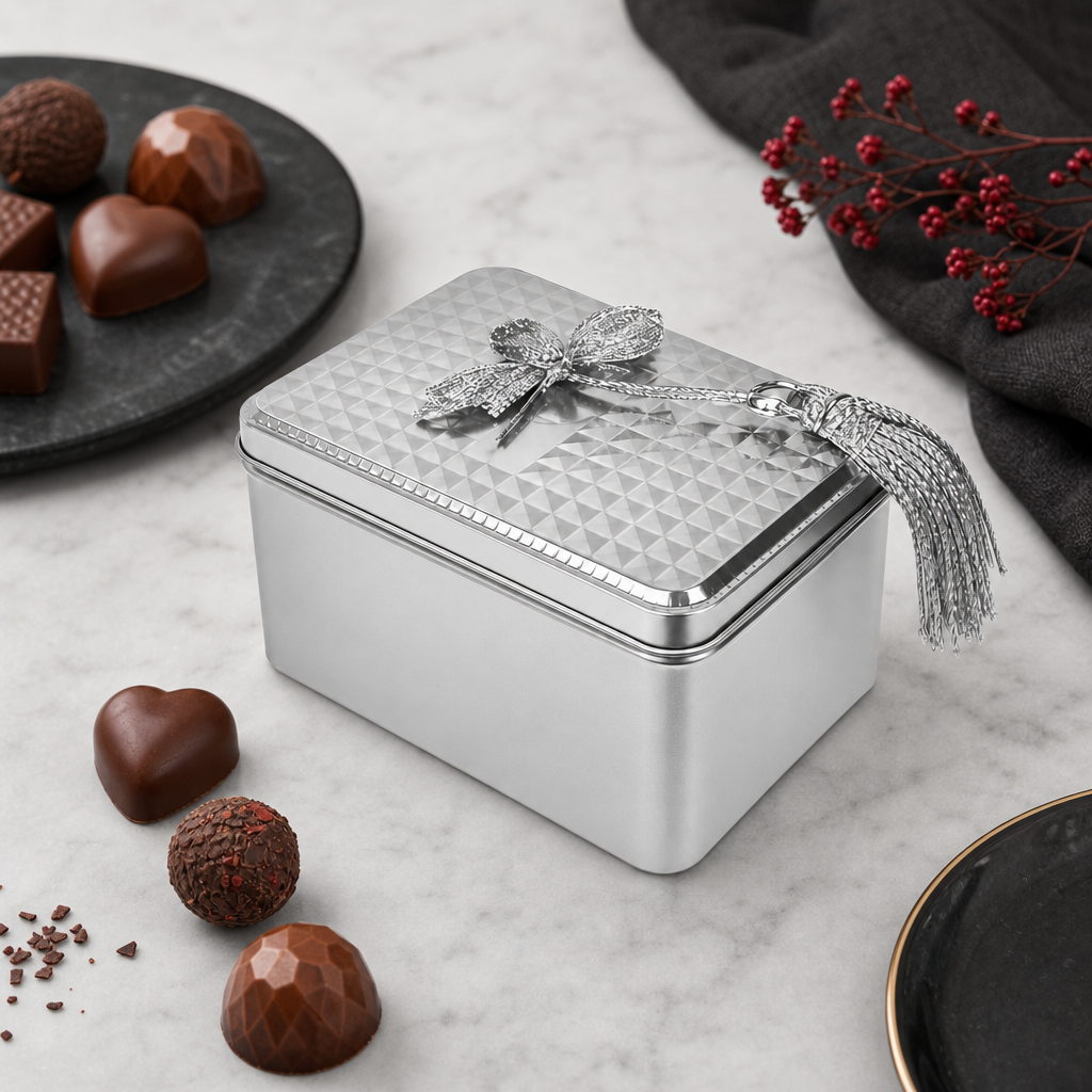 240 Pieces Silver Rectangular Tin Candy Box with Decorative Lid, 11.5 × 9 × 6 cm, 1 Piece