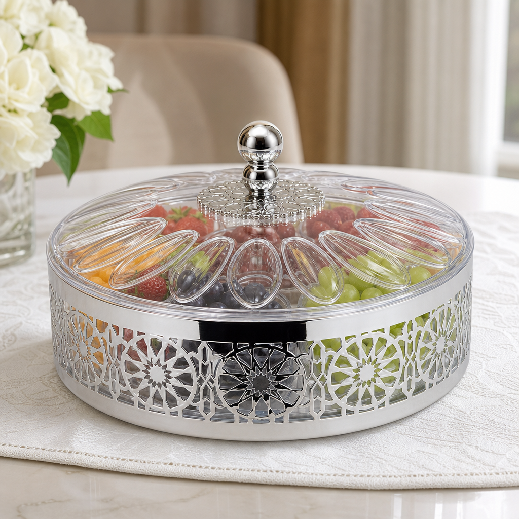 72 Pieces Clear Round Sectioned Serving Bowl with Lid and Silver Floral Metal Frame, 34 x 34 x 24 cm