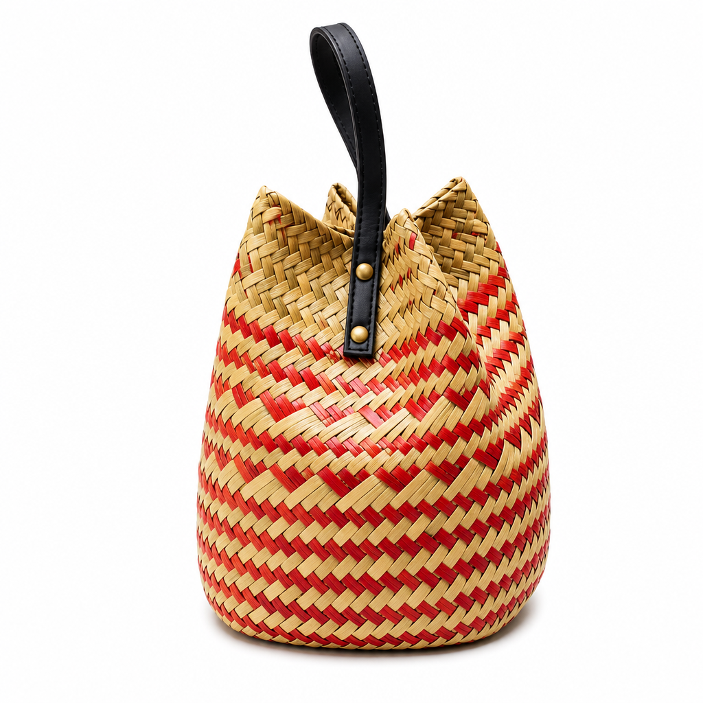 72 Pieces Handwoven Natural Fiber Bucket Handbags, Red and Cream Striped, 22 x 18 x 14 cm