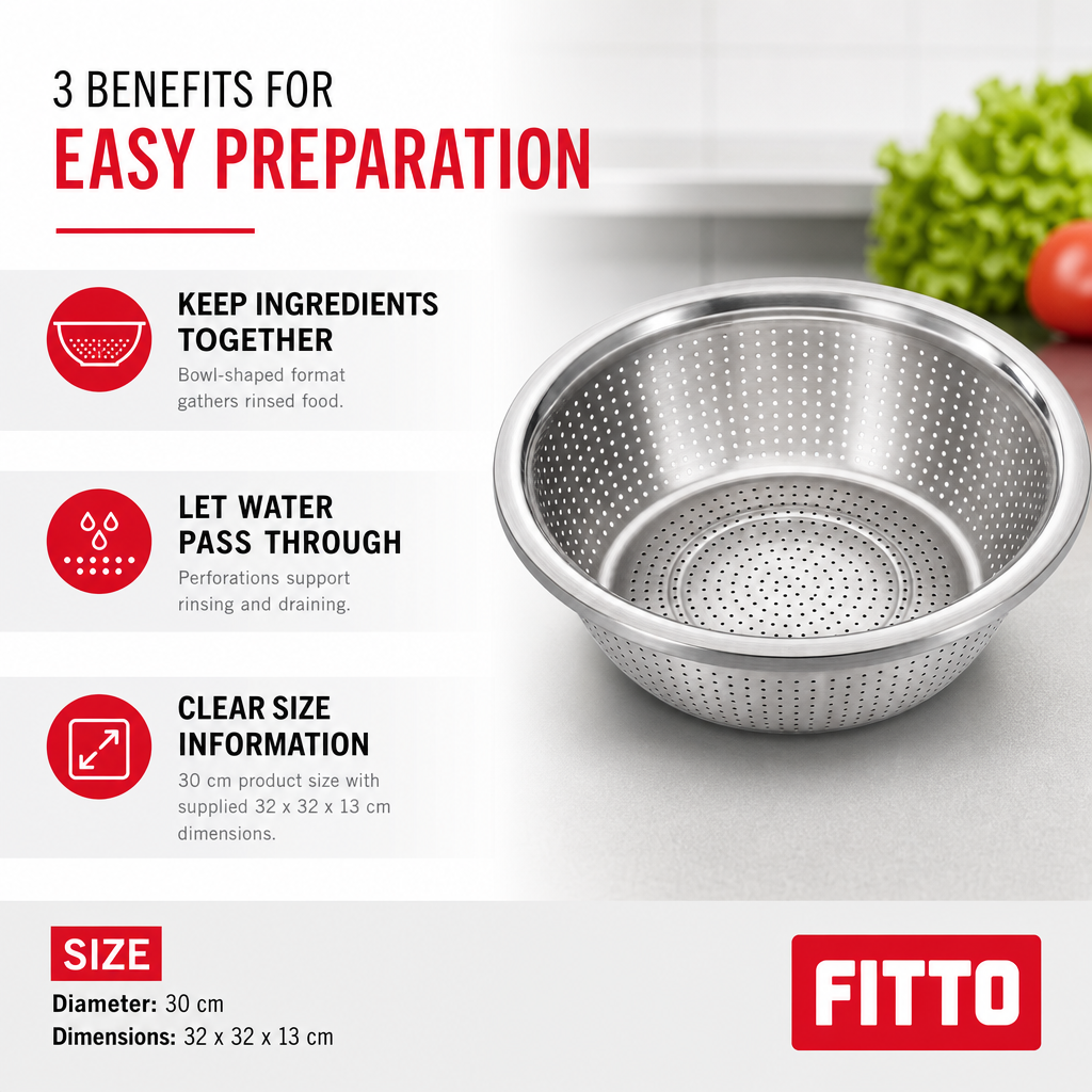 96 Pieces Stainless Steel Colander Bowl, 30 cm, Silver, 1 Piece